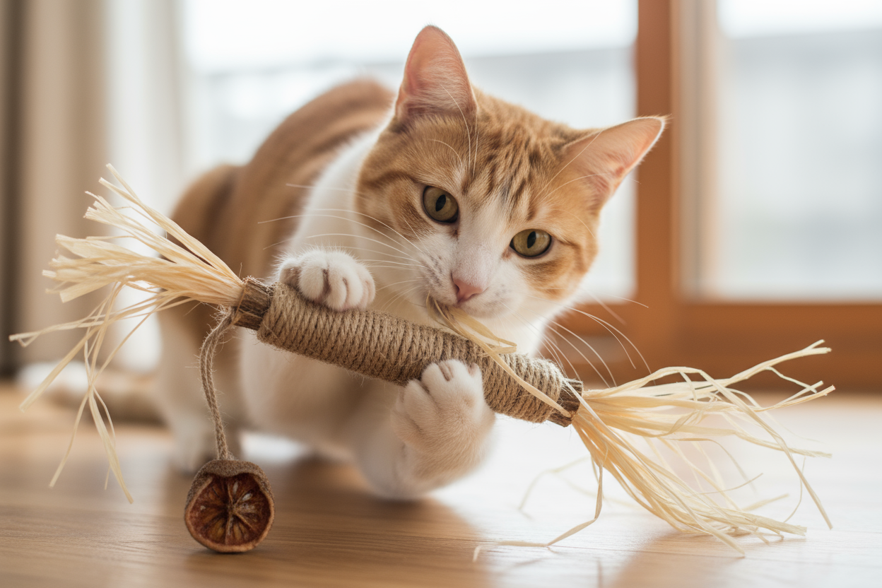 Silvervine çubuğu ile oynayan kedi. Silvervine çubuğu içinde doğal rafiya bulunuyor. Üstü sisal ip ile sarılmış ve gall meyvesi asılmış ucuna.